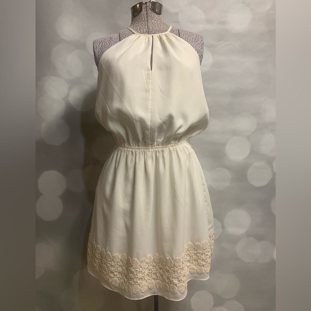 Express Cream Halter Mini Dress with Lace Trim
